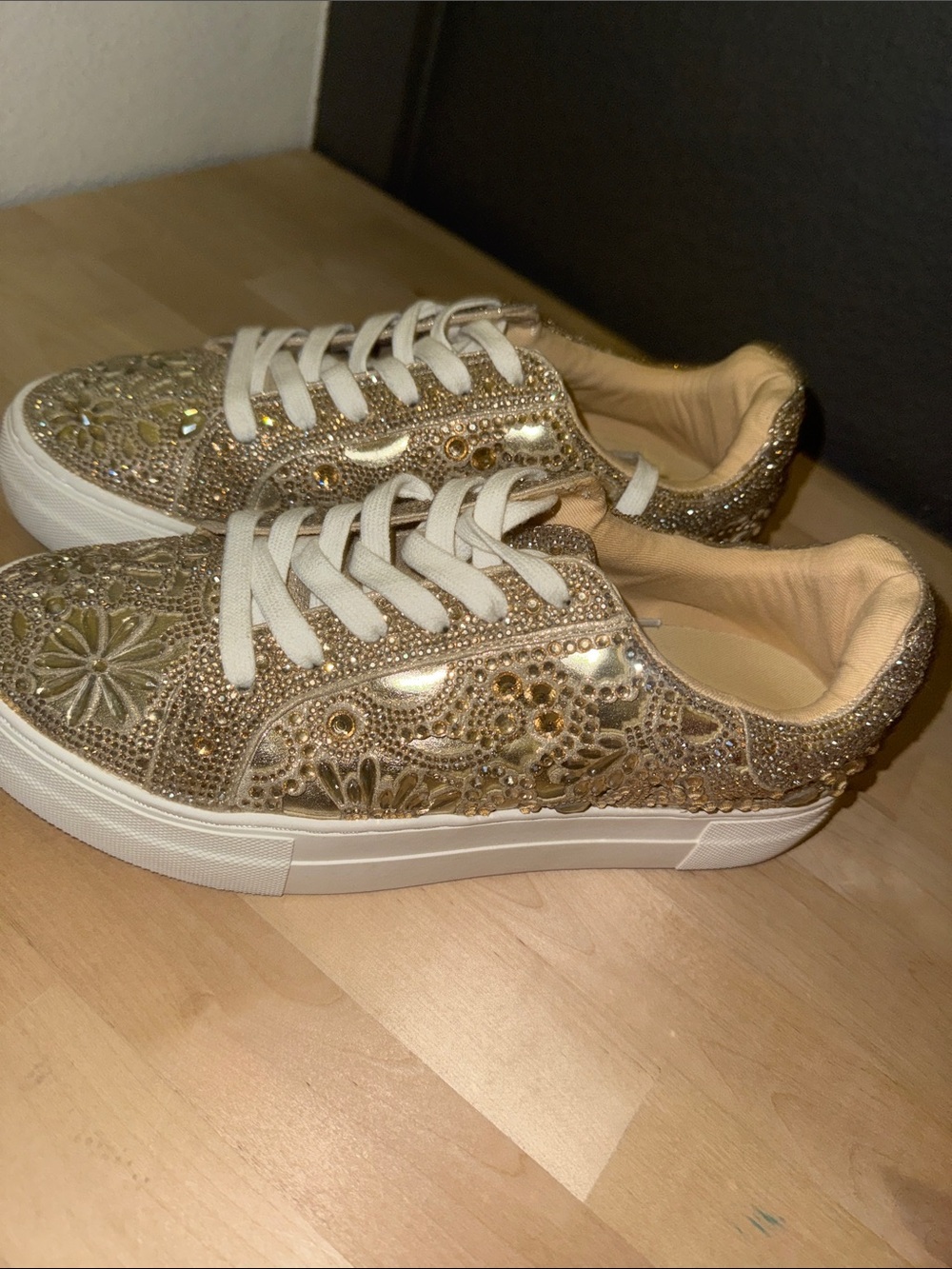 Betsey Johnson Gold Crystal Embellished Platform Sneakers - Picture 4 of 7